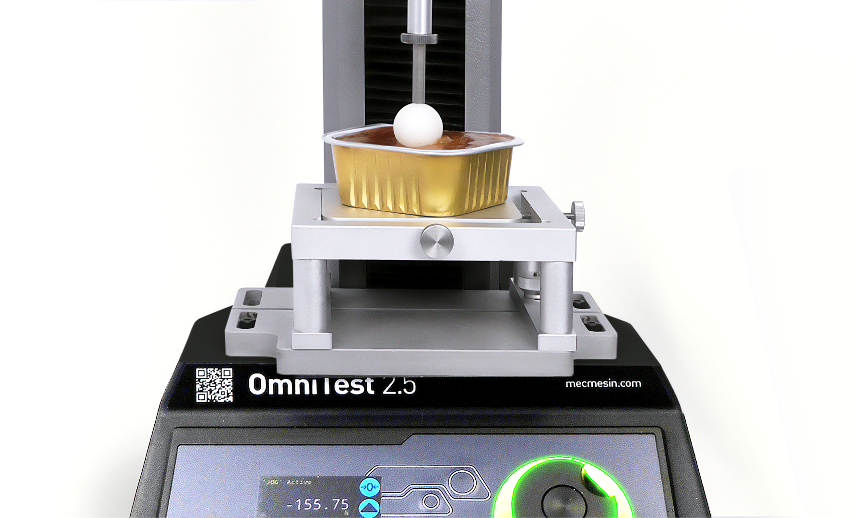 Spherical texture probe compressing a sample of wet dog food in its container